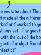 “The guests were ecstatic about The Acme Hotel.  And for me, Dani made all the difference.  She is a dream!  She worked and worked to get everyone in and make sure all was set.  The guests loved it!  It was very consistent with the 'out of the box' experience they were having with Catalyst Ranch.  And the location was fantastic!”
 
-Carol Punos Consultancy